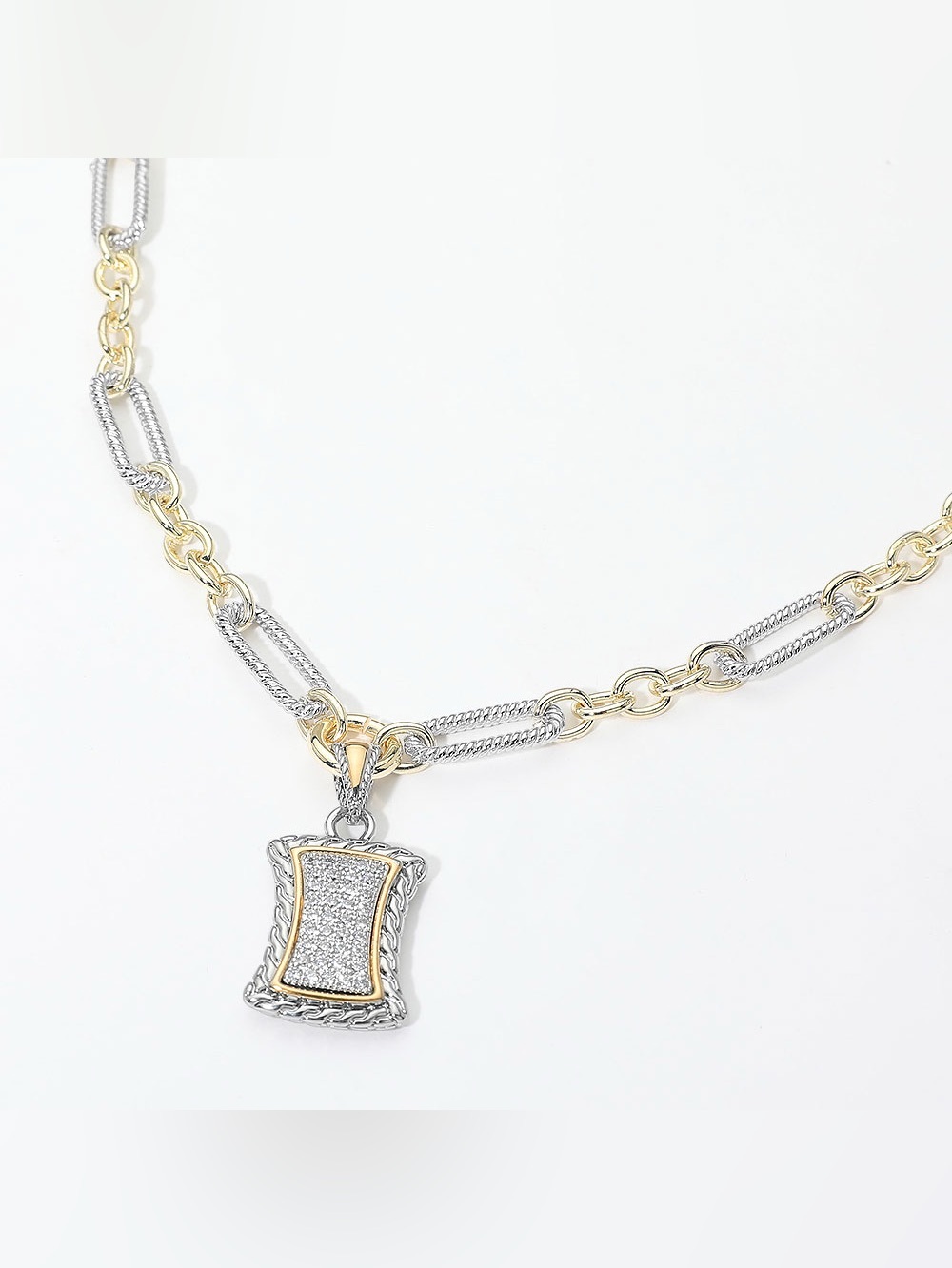 14K Gold Plated Two Tone CZ Pave Rectangular Frame Pendant Necklace